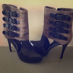 Report Booties.  Brown suede and black leather